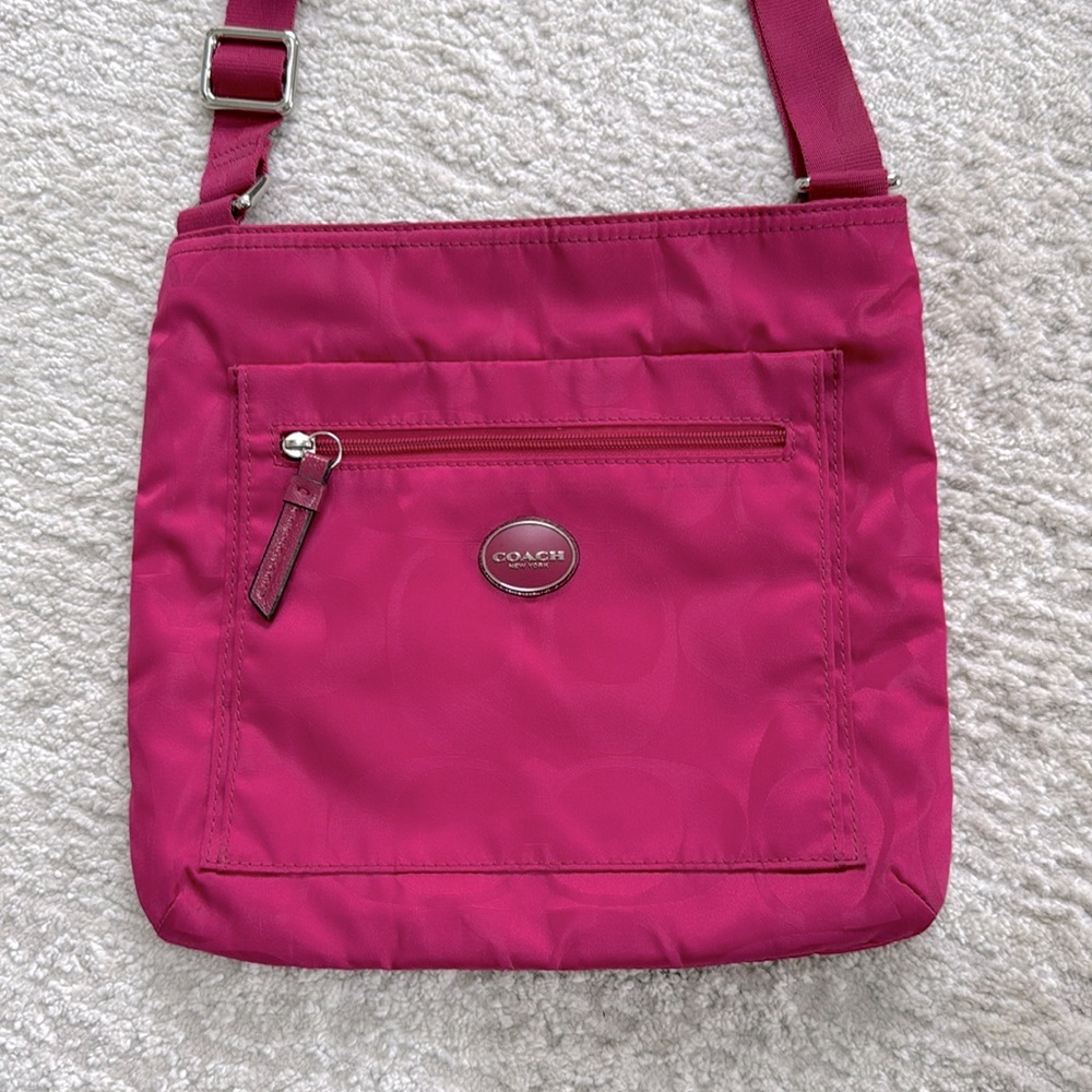 COACH Bright Pink Getaway Signature Print Nylon File Crossbody Bag Purse